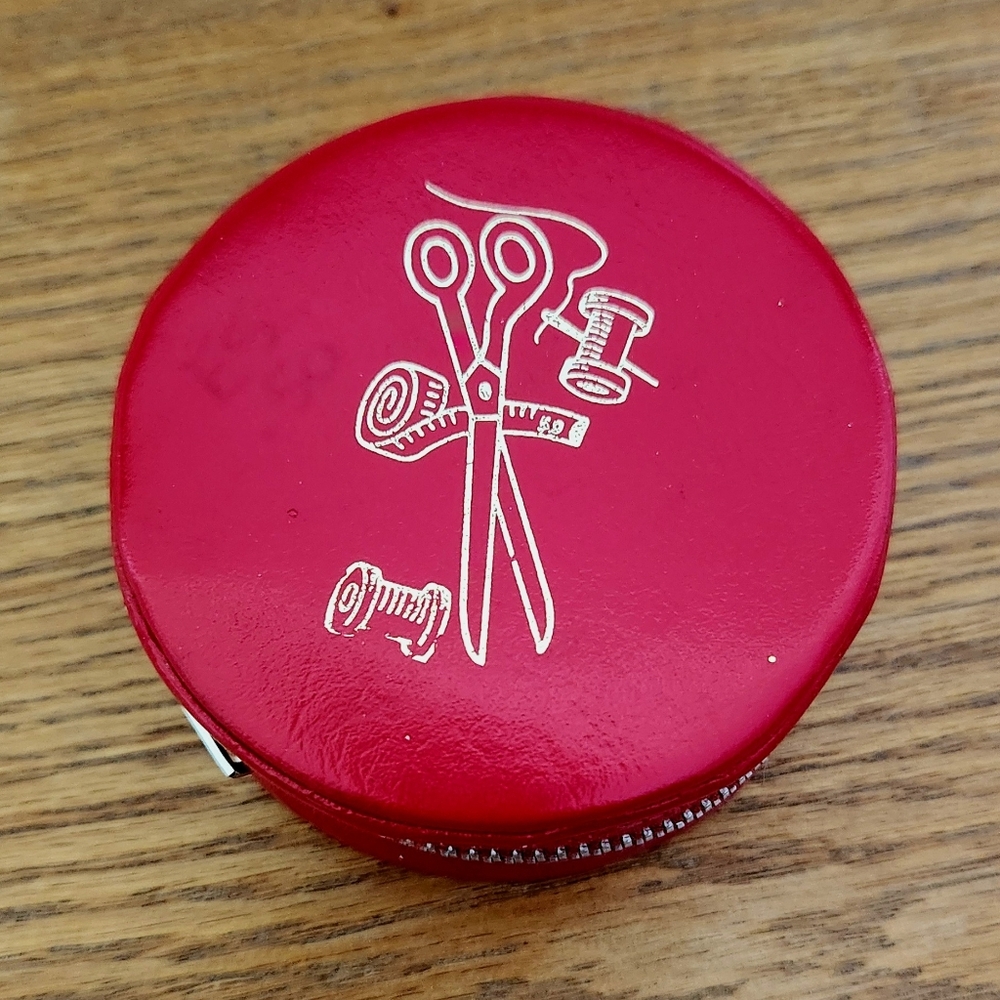 Vintage 60s Travel Sewing Kit Red Case Gold Scissor Orange Plastic Thimble